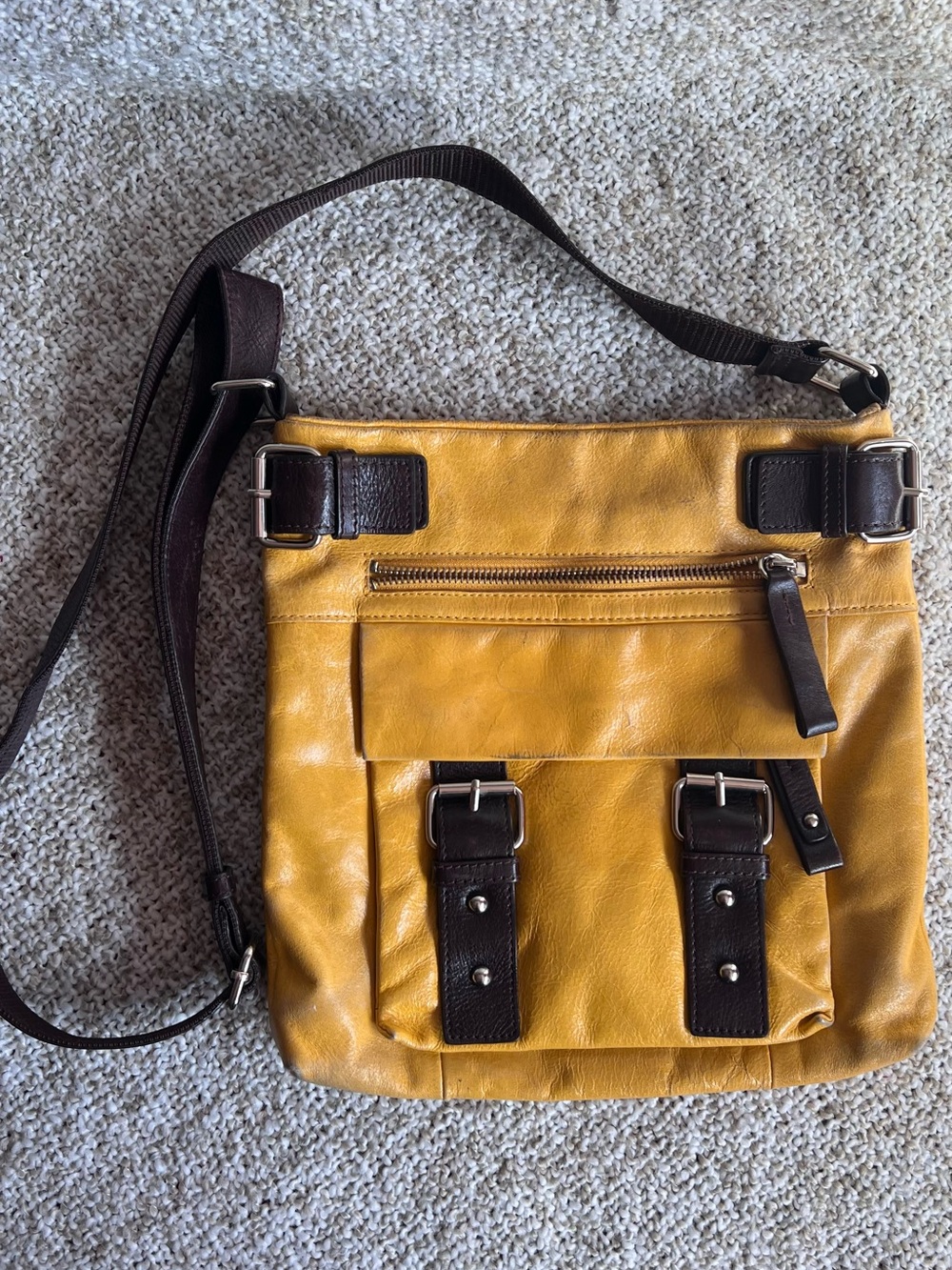 Distressed Danier Mustard Yellow Leather Crossbody Bag Brown Buckle Straps